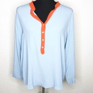 Marella light blue orange trim button front popover silk blend top
